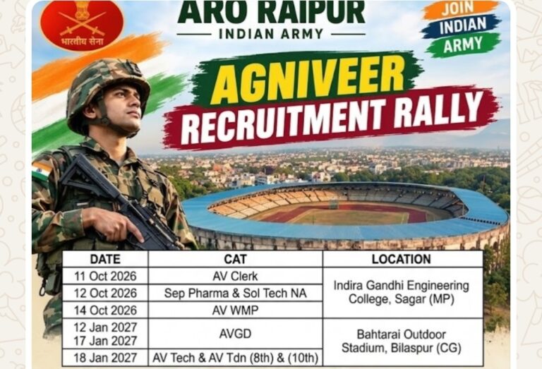 अग्निवीर भर्ती रैली के लिए प्रवेश पत्र जारी, 12 जनवरी से बिलासपुर में होगी भर्ती रैली